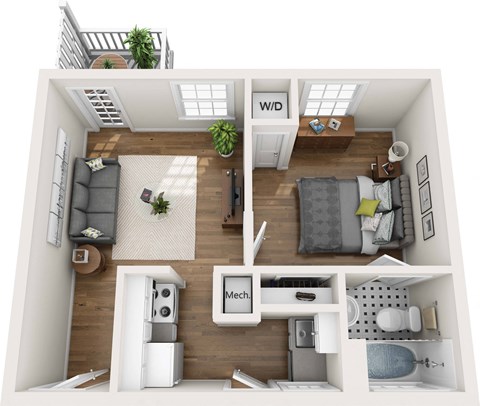 Floor plan for 1 bed, 1 bath, 515 sqft